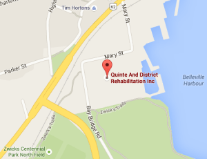 Map of the city of Bellville showing location of Quinte Rehab on the corner of Mary Street and Bay Bridge road.